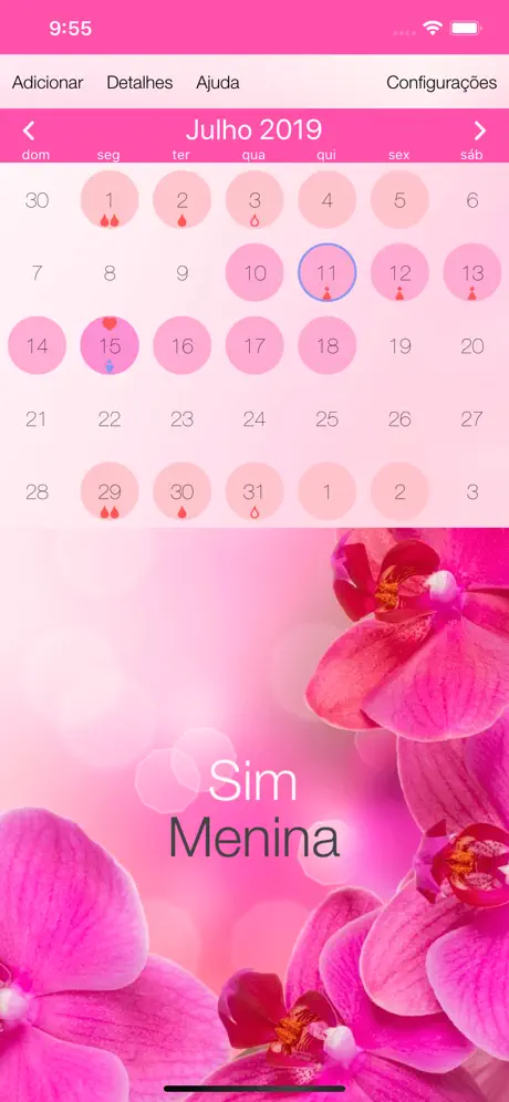 Calendário ciclo menstrual.