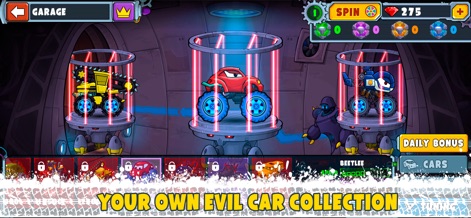 Car Eats Car Multiplayer Race - Nel garage spazioso dell'app, i giocatori possono ammirare e selezionare le proprie vetture malvagie, scegliendo tra diverse vetture esposte in teche illuminate, pronte per essere personalizzate.