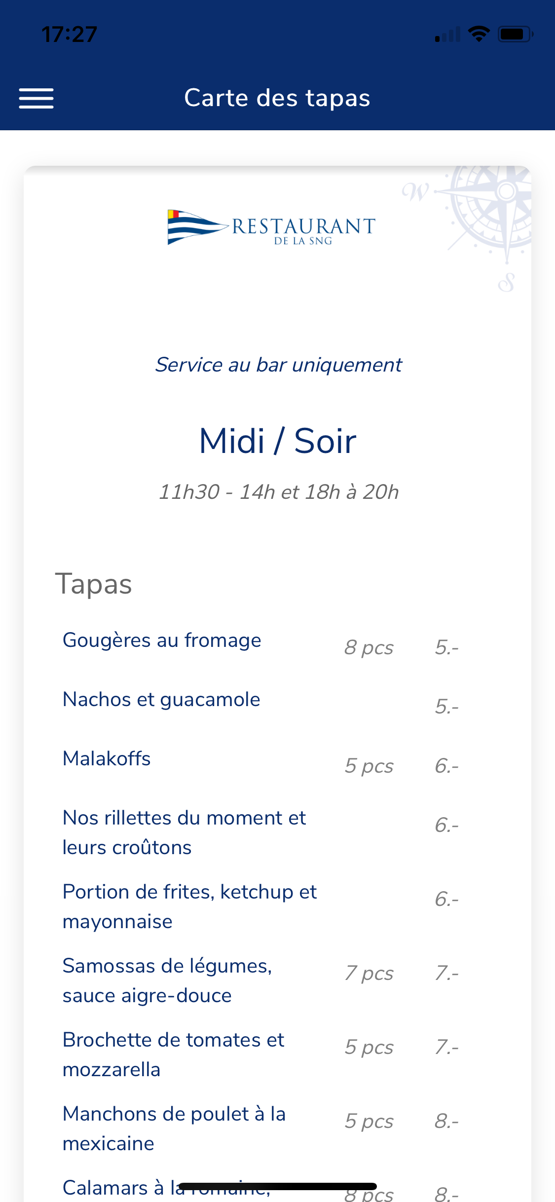 Restaurant SNG Menu