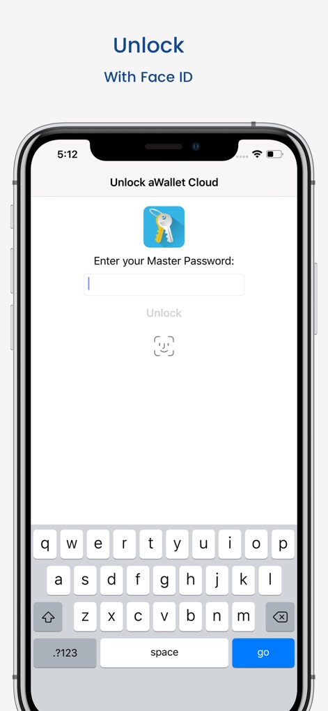 aWallet Cloud Password Manager - A tela de desbloqueio permite que os usuários acessem o aplicativo de forma segura, seja inserindo a 'Master Password' ou utilizando a conveniência do 'Face ID'.