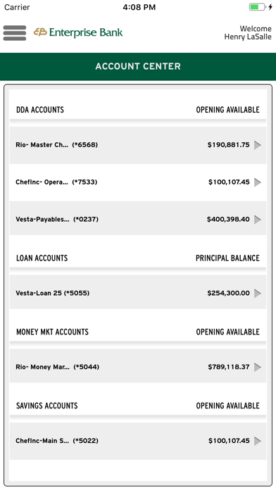 Enterprise Bank Business App Screenshot