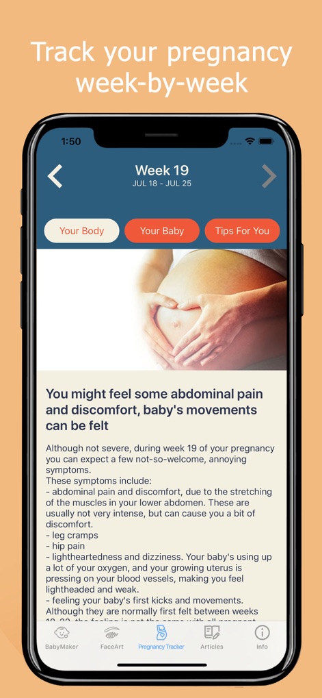 Baby Maker & Face Generator - La pantalla muestra el rastreador de embarazo semanal, ofreciendo a los usuarios una imagen representativa del vientre y pestañas organizadas para acceder a información sobre el cuerpo y el bebé.