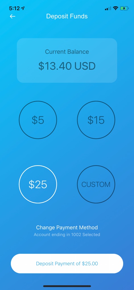 ShinePay - この画面では、ユーザーはアプリのウォレットに資金をチャージできます。現在の残高が表示され、定額またはカスタムの入金オプションから選択できます。