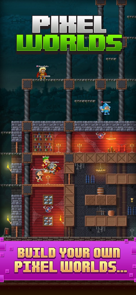 Pixel Worlds: MMO Sandbox - プレイヤーは、様々な種類のブロックや魅力的な家具を使って、多層構造の建物や自分だけの居住空間を自由に作り上げます。