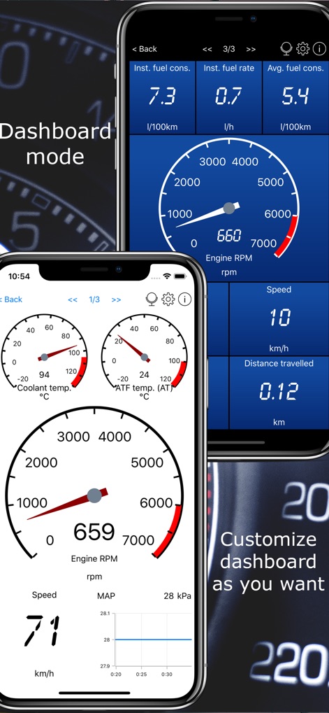 Car Scanner ELM OBD2 - Users can personalize their dashboard with customizable gauges such as 'Engine RPM' and 'Coolant temp' for immediate vehicle feedback.