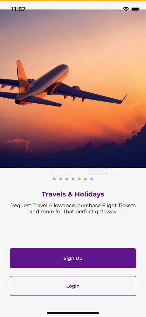 FCMB Mobile - Esta pantalla de bienvenida destaca las funciones de estilo de vida, como la planificación de viajes con la imagen de un avión, y ofrece claras opciones para "Sign Up" (Registrarse) o "Login" (Iniciar sesión).