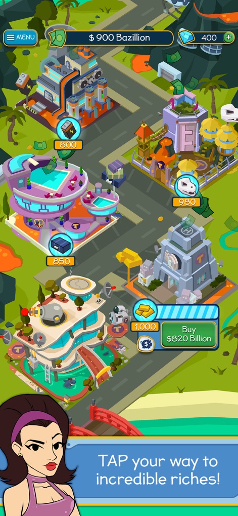 Taps to Riches - Explore the game's advanced city layouts featuring high-tier business designs and observe the impressive 'Bazillion' currency totals users can accumulate.
