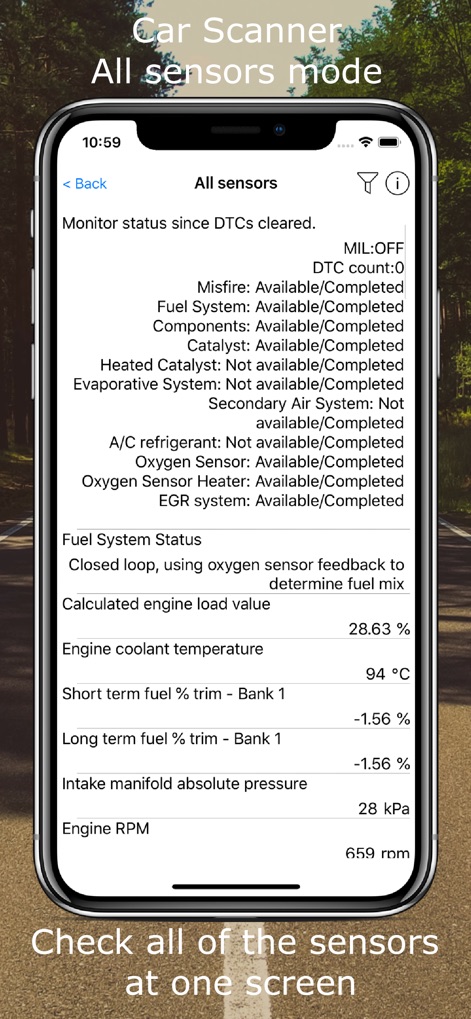 Car Scanner ELM OBD2 - The app provides a detailed 'All sensors' view, allowing users to monitor critical data points like 'Engine coolant temperature' and 'Fuel System Status' simultaneously.