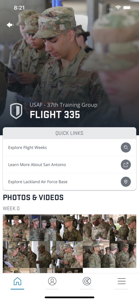 Aim High Air Force - Users can follow specific training flights, accessing 'Quick Links' for location details and a rich gallery of 'Photos & Videos' related to basic military training.