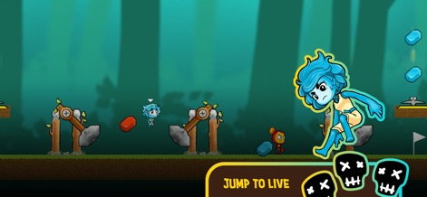 Fire and Water: Online Co-op - Der Screenshot zeigt das Wasser-Mädchen beim Sprung über eine Lücke mithilfe einer Steinschleuder-Mechanik, während die Totenkopf-Symbole am unteren Rand die Herausforderungen und möglichen Gefahren des Levels andeuten.