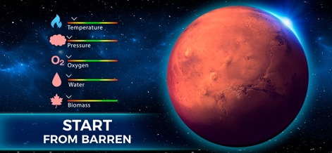 TerraGenesis - Space Settlers - See how the app visually represents a desolate planet's barren state and its initial low resource indicators, showcasing the immense challenge ahead.