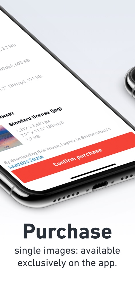 Shutterstock - Stock Photos - La schermata di conferma riepiloga la licenza standard e i dettagli dell'immagine, permettendo agli utenti di finalizzare l'acquisto con un semplice tocco.