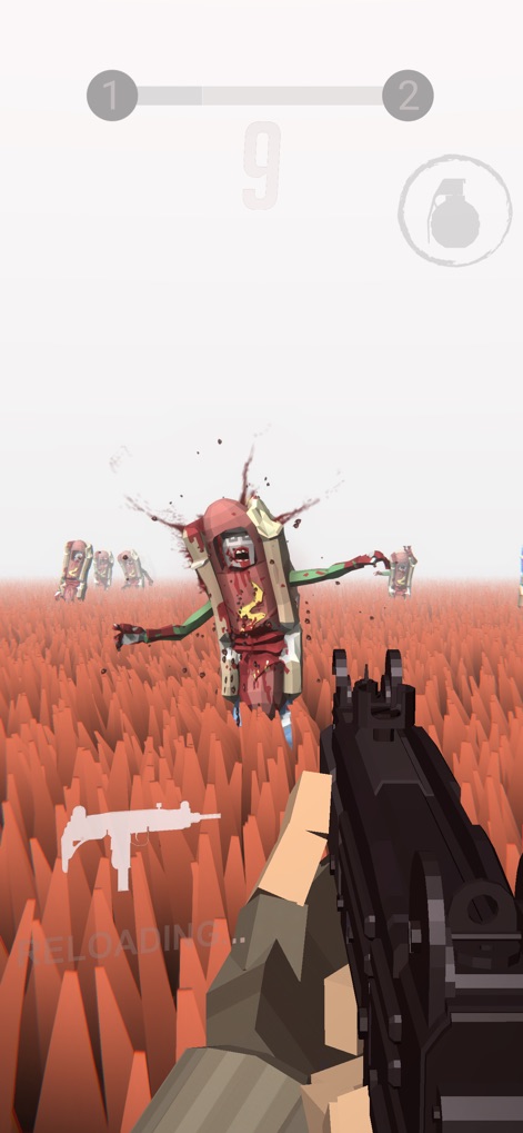 Zombie Royale - This scene highlights the crucial reloading status message and the game's introduction of quirky, themed zombie types, such as the hot dog zombie.