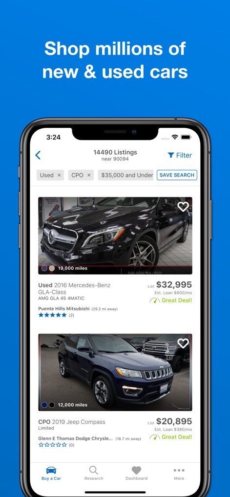 Edmunds - Shop Cars For Sale - Gli utenti possono affinare la ricerca tramite filtri avanzati come "Usato" e "CPO", identificando rapidamente le "Grandi Offerte" segnalate dall'app.