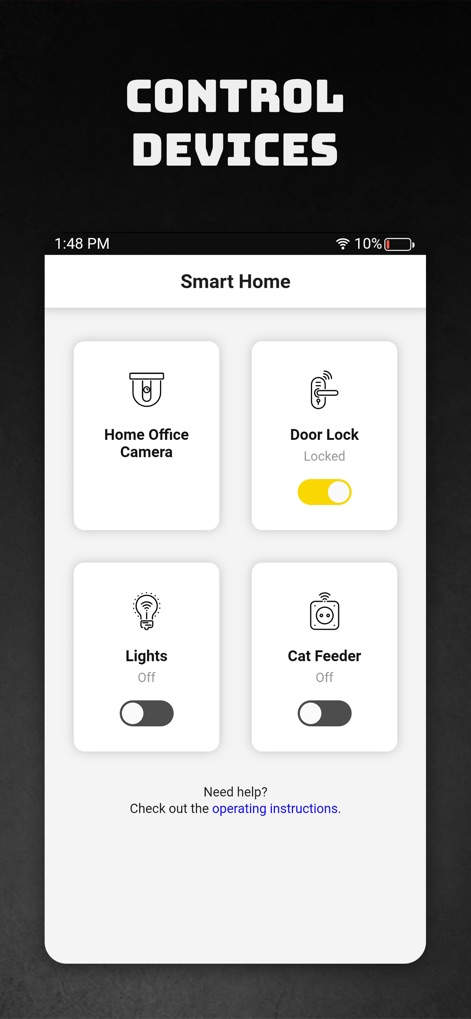Peek a Phone - The app integrates interactive smart home controls, allowing players to manipulate virtual devices such as a "Door Lock" and "Lights" to influence their investigation.