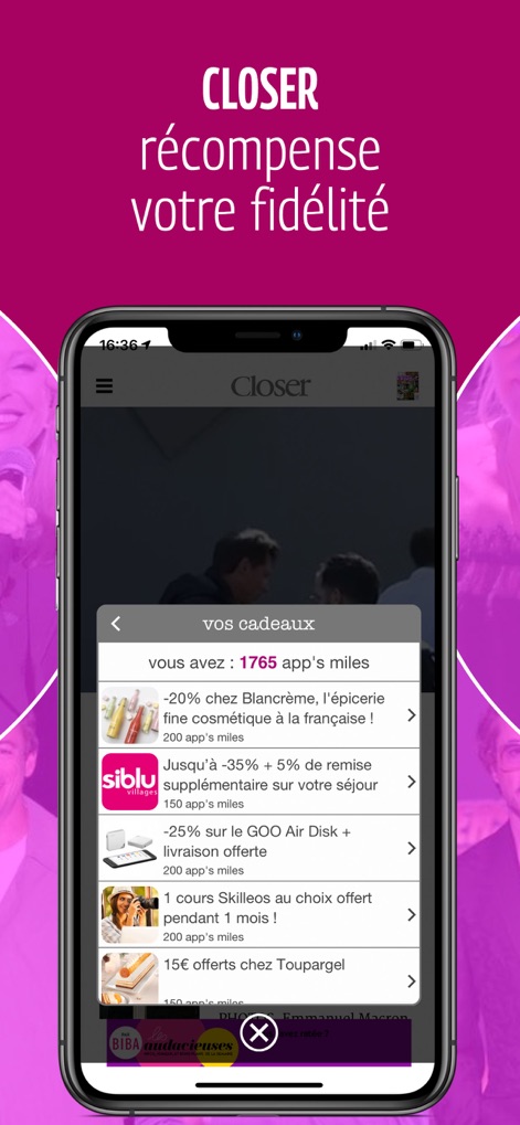 Closer – Actu et exclus People - O aplicativo exibe um pop-up de 'seus presentes' com ofertas exclusivas e o saldo acumulado de 'app's miles' visível na parte superior do menu.