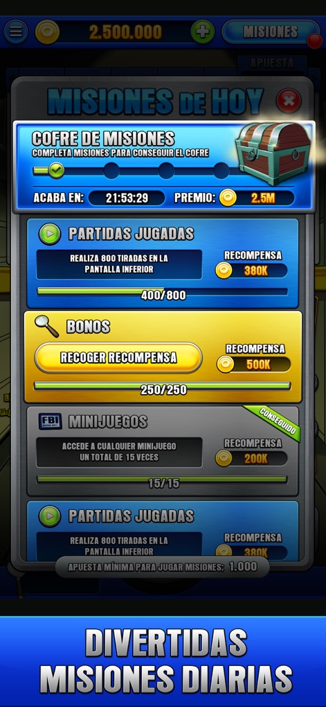 FBI Academy - Tragaperras Bar - Les missions quotidiennes encouragent l'engagement, affichant des barres de progression claires pour les défis et des récompenses distinctes comme le "Cofre de Misiones" en attente.