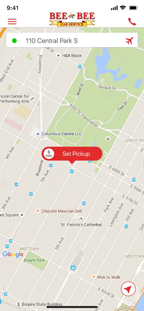 Bee Bee Car Service - Users can effortlessly pinpoint their exact pickup location on an intuitive map interface, then confirm it with a prominent 'Set Pickup' button for precise coordination.