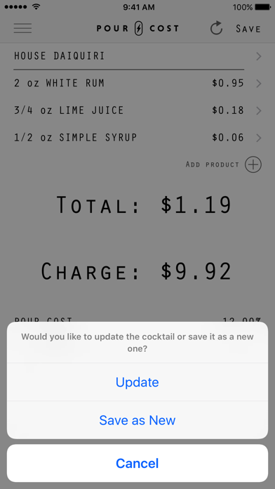 Pour Cost Screenshot