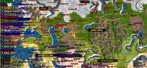 Steel And Flesh 2: New Lands - Un vasto mapa mundial interactivo revela la compleja geografía política del año 1212, mostrando los nombres de las naciones y asentamientos que los jugadores pueden explorar o conquistar.