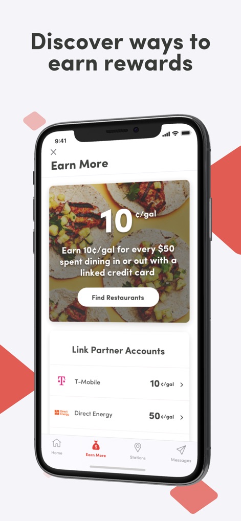 Fuel Rewards® program - This section reveals diverse earning methods, including the 'dining offer' for linked credit cards and options to 'Link Partner Accounts' with services like T-Mobile.
