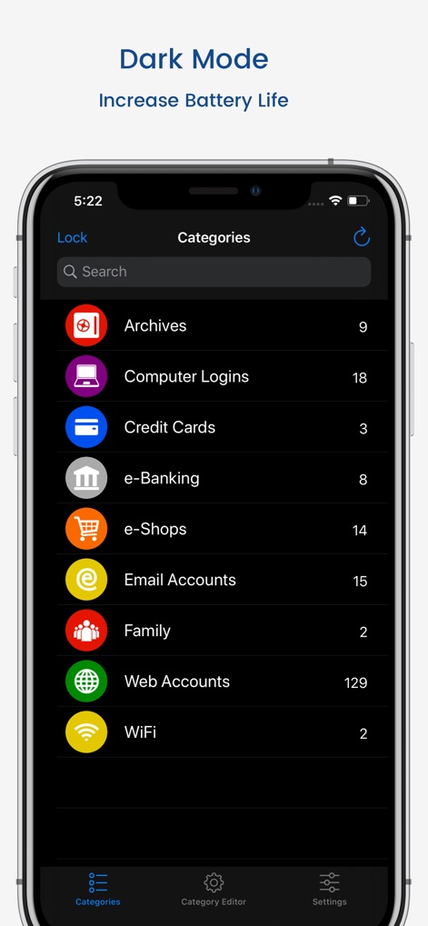 aWallet Cloud Password Manager - O aplicativo apresenta um modo escuro que melhora a experiência visual e, como visto, exibe as 'Categories' com ícones e contagens, contribuindo para a economia de bateria.