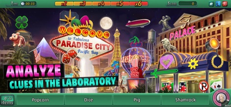 Criminal Case: Pacific Bay - Cet écran capture l'ambiance unique de la ville avec ses lumières néon éclatantes et ses icônes de casino, offrant un contraste fascinant avec la gravité des investigations à mener.