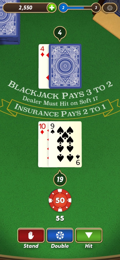 Blackjack - プレイヤーの手札が19点に達しており、ディーラーのアップカードが4であるため、スタンドやダブルなどの選択肢が提示されています。