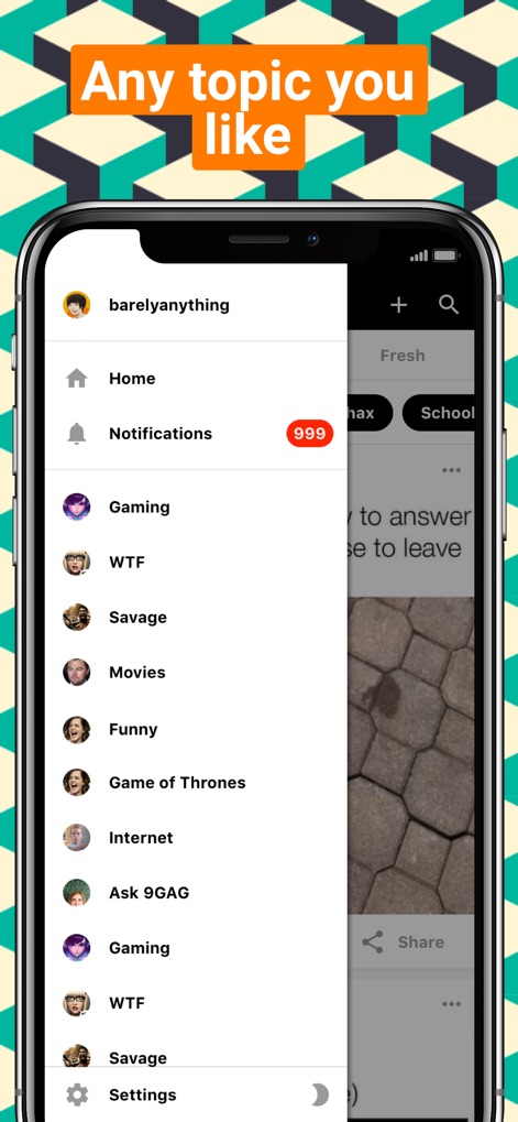 9GAG: Best LOL Pics & GIFs - Un menú lateral desplegable facilita la exploración de diversas categorías, desde "Gaming" hasta "Movies", y muestra un distintivo contador de "Notificaciones" con el número "999".