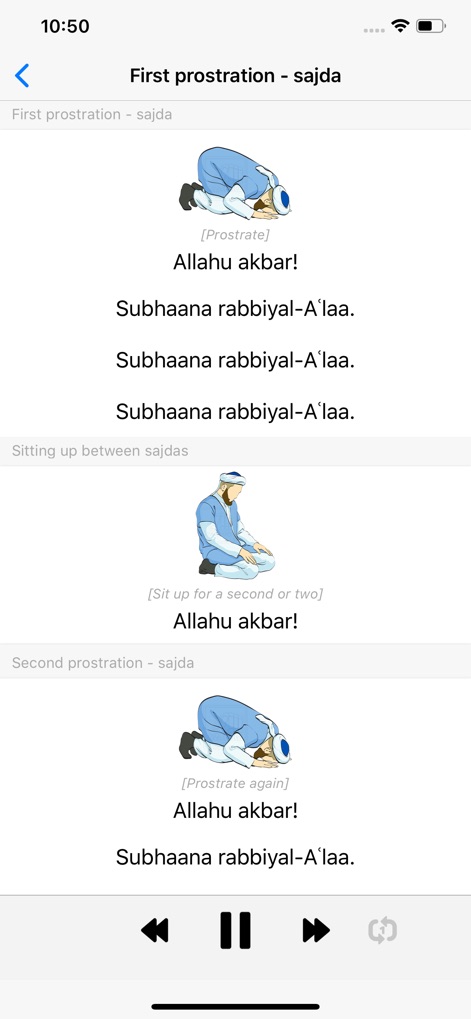 Namaz App: Learn Salah Prayer - The app breaks down complex prayer movements with detailed illustrations and accompanying transliterated Arabic texts for precise learning.