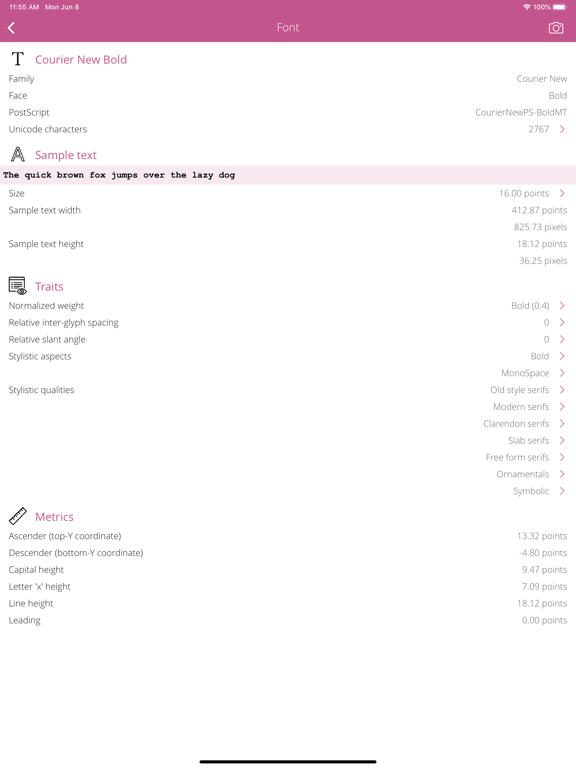 Font Info iPad screenshot