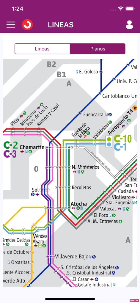 Renfe Cercanias - Gli utenti possono visualizzare i "Planos" dettagliati della rete ferroviaria, con linee codificate a colori come la "C-1" e stazioni principali evidenziate come "Chamartín", per una navigazione intuitiva.