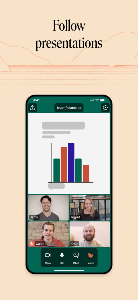 Whereby - Video Meetings - Die App ermöglicht das effiziente Verfolgen von Präsentationen, wobei ein deutliches Balkendiagramm im oberen Bereich des Bildschirms dargestellt wird und die Videobilder der Teilnehmer weiterhin präsent sind.
