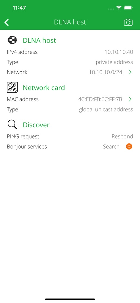 DLNA Browser - 이 화면은 DLNA 호스트의 네트워크 카드 MAC 주소와 IPv4 주소를 상세히 제공하며, PING 요청에 대한 응답 상태와 Bonjour 서비스 검색 기능을 보여줍니다.