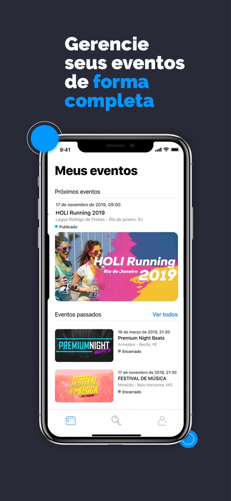 Sympla Organizador - L'app offre agli utenti una panoramica immediata degli eventi attuali e passati, mostrando dettagli chiave come il nome dell'evento e il suo stato di pubblicazione.