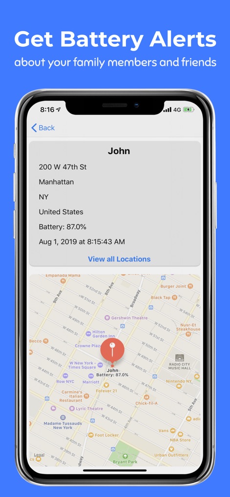 Phone Tracker By Number - Users gain critical awareness by viewing a family member's device battery charge level and their current geographical coordinates on the map, enabling proactive communication planning.