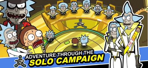 Rick and Morty: Pocket Mortys - Gli utenti intraprendono un'avventura nella campagna solitaria, confrontandosi con il potente Consiglio dei Rick in un'epica arena dorata per recuperare la loro pistola portale.