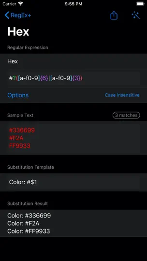 Captura de pantalla de RegEx+ en iPhone 5