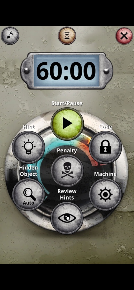 Unlock! - Das Interface behält eine konsistente Anordnung der Bedienelemente bei und passt das Hintergrunddesign dynamisch an das jeweilige Abenteuer-Thema an, wie hier mit einer industriellen Textur.