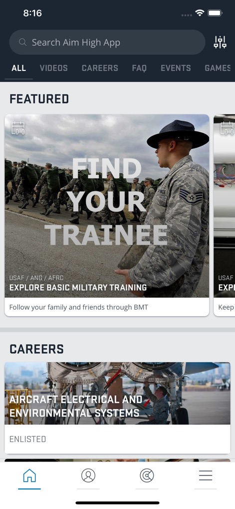 Aim High Air Force - The app centralizes information, allowing users to track a trainee's journey and explore diverse career opportunities within the Air Force through the 'Featured' and 'Careers' sections.