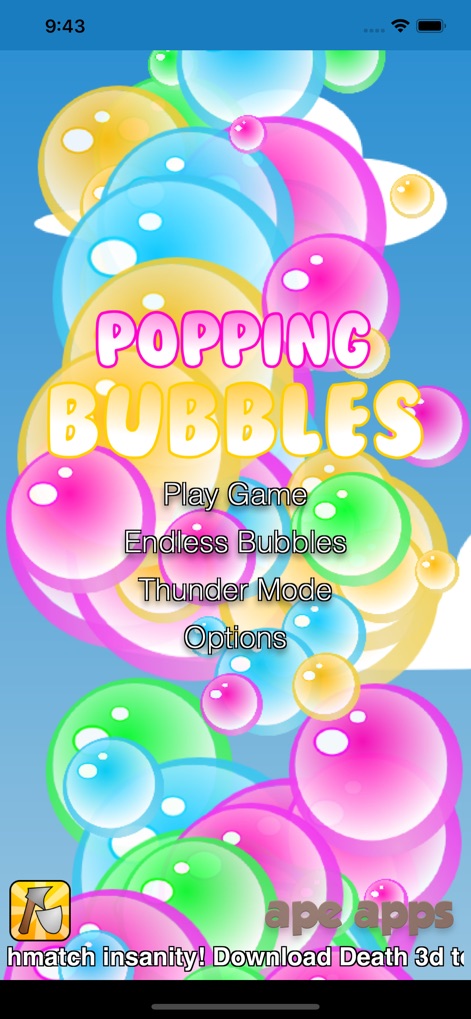 Popping Bubbles Game - Questo screenshot presenta l'accattivante titolo "Popping Bubbles" con un font giocoso e le diverse opzioni di gioco come "Play Game" e "Endless Bubbles", invitando i giocatori all'azione.