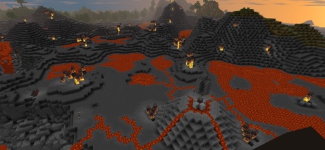 Survivalcraft 2 - The game presents extreme geological features, showcasing a perilous volcanic landscape with molten lava rivers and smoky vents.