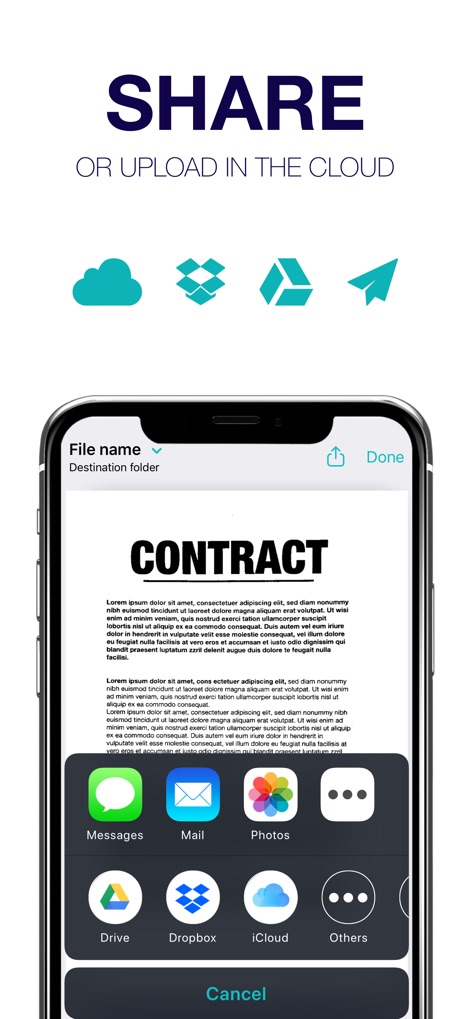 Scanner - Edit PDF & documents - Explore the app's diverse sharing capabilities, including direct messaging and seamless integration with cloud services like Dropbox and iCloud.