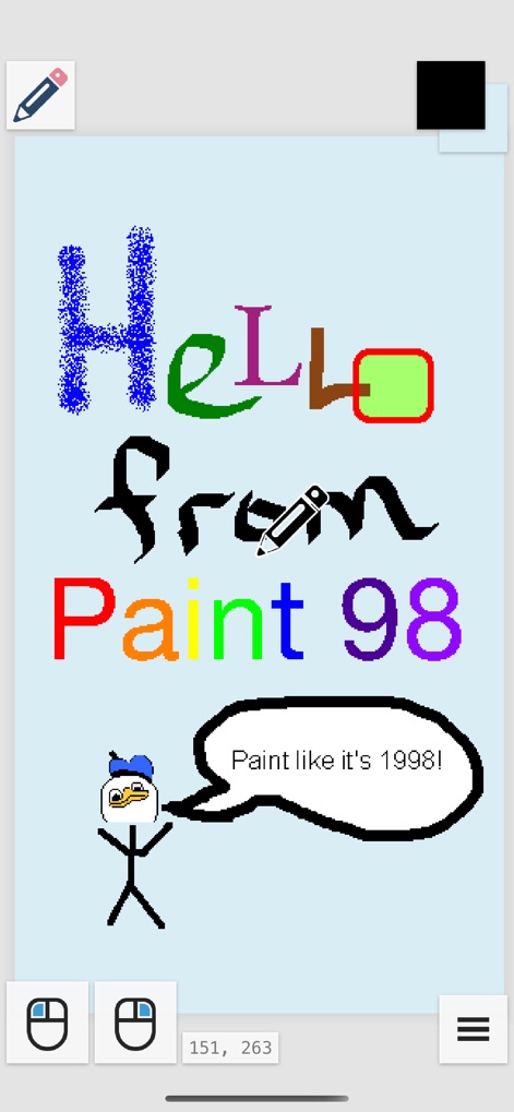 Paint 98 - Die App ermöglicht die Gestaltung von Texten in vielfältigen Farben und Schriftarten, was durch die bunte „HELLO from Paint 98“-Botschaft und die spielerische Figur mit der nostalgischen Sprechblase eindrucksvoll gezeigt wird.