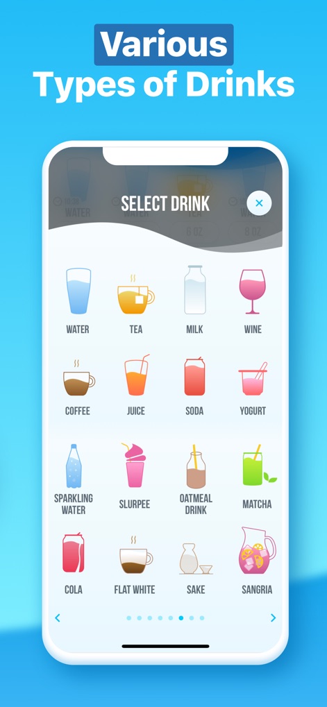 Water Reminder - Daily Tracker - The app offers an extensive library of drink icons and a categorized selection of common and unique beverages for accurate tracking.