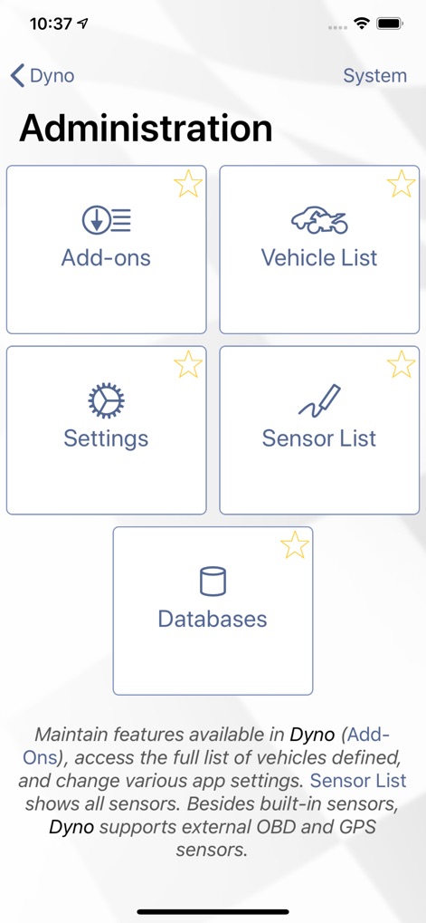 Harry's Dyno - The 'Administration' section allows users to customize the app, managing their 'Vehicle List' and configuring various 'Sensor List' options for optimal performance data acquisition.