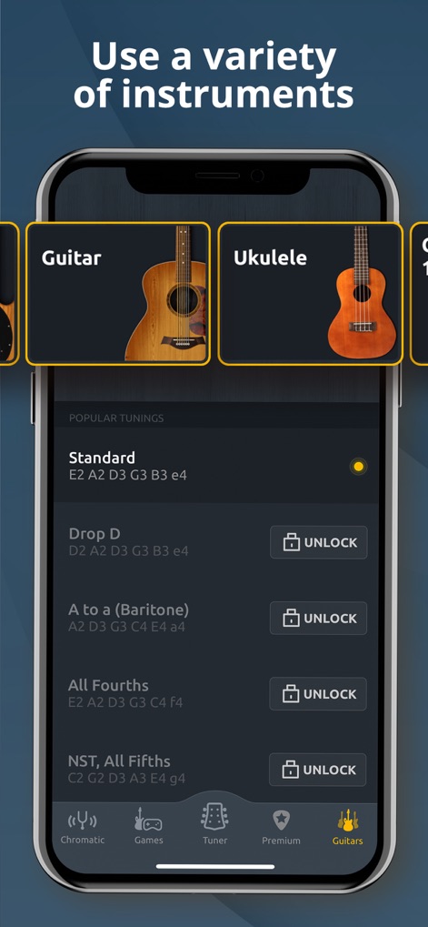 Guitar Tuner - Ukulele & Bass - Discover the app's extensive multi-instrument support, allowing users to select different instruments like Guitar and Ukulele, with various popular tuning presets.