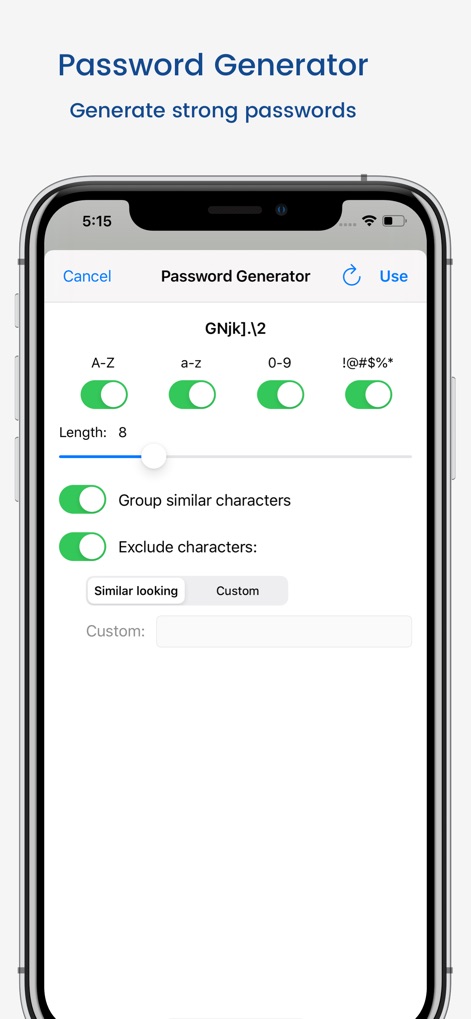aWallet Cloud Password Manager - O gerador de senhas permite aos usuários definir a 'Length' da senha usando um slider e selecionar 'character types' específicos, como letras maiúsculas e minúsculas, para criar credenciais robustas.
