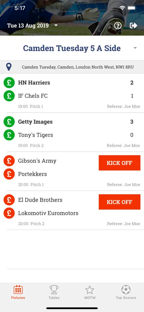 Playfiveaside Results App