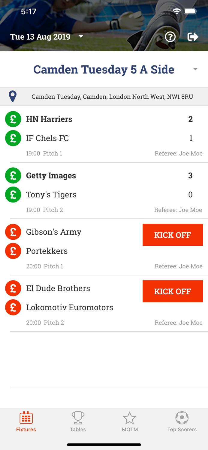 Playfiveaside Results App